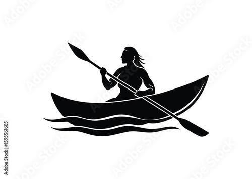 A Woman kayaking Silhouette black Vector white Background