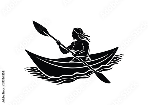 A Woman kayaking Silhouette black Vector white Background