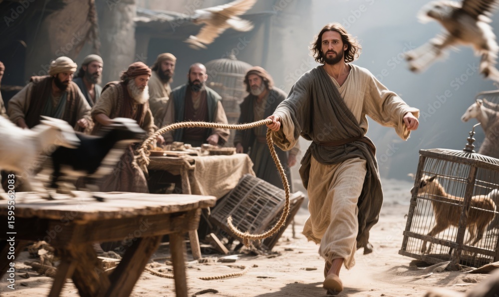 Fototapeta premium Jesus Cleansing the Temple: A Bold Act of Righteous Anger and Spiritual Purity