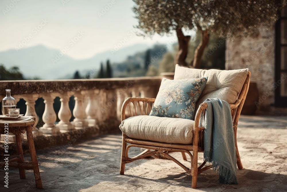Fototapeta premium Comfortable outdoor chair with a decorative pillow on a sunny terrace overlooking mountains in the afternoon