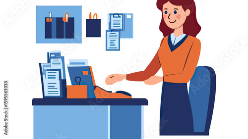 Female bank cashier standing at counter with documents and office supplies in flat minimalist style vector illustration for financial service concept