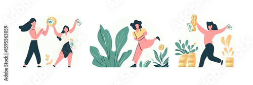 People investing money in plants growing coins and dollar bills, financial growth concept, flat minimalist vector illustration set with characters saving and celebrating wealth