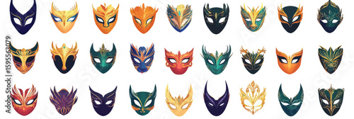 Set of 28 colorful masquerade masks with intricate ornamental details carnival festival costume accessories flat vector illustration
