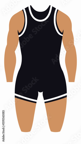 Minimalist flat vector illustration of male wrestling singlet with muscular arms and legs in black with beige trim for sports and athletic wear design