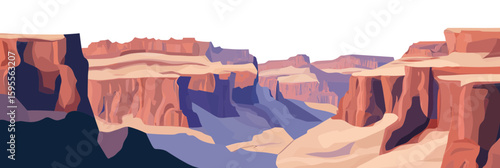 Panoramic Grand Canyon landscape vector illustration with layered rock formations and desert canyon terrain in minimalist style
