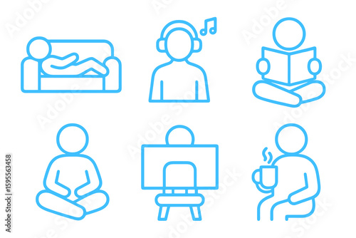 Relaxation icon set in light blue. Includes sofa rest, watching TV, and calming routines.