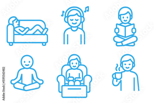 Light blue icons of people relaxing: listening to music, reading, and drinking tea. Great for lifestyle apps and content.