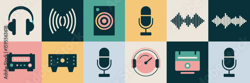 Grid of minimalist sound and audio icons including headphones and amplifier
