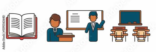 Flat vector icon set of classroom, book, teacher, and blackboard for education