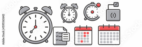 Time management icons set featuring clock, alarm, timer, and calendar – Ideal for productivity apps, time management websites, or business presentations.