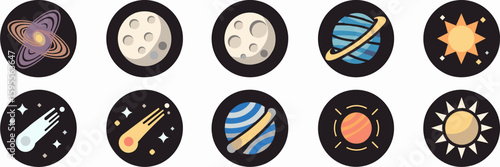 Vector icon set of galaxy, moon, planet, and comet in circular layout