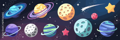 Celestial body vector icons with galaxies, moons, planets, and shooting stars