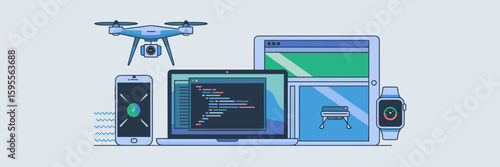 Tech device icon set featuring apps and smart features – Ideal for mobile interface concepts, app promotion, or software presentations
