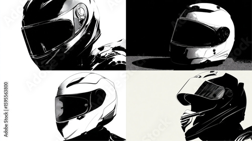 Four motorcycle helmets are showcased in a striking black and white graphic illustration.
