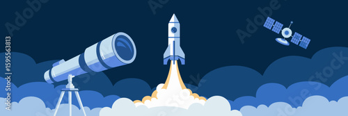 Space travel vector illustration with spaceship, telescope, and satellite