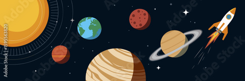 Vector illustration of solar system with planets, sun, and rocket in space