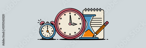 Time management concept with clock, alarm, timer, and notebook – Great for productivity blogs, business apps, or time management tools.