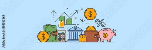 Economy icons including percentage, piggy bank, graph, coin, wallet, and calculator – Suitable for budgeting tools, financial planning, or business content