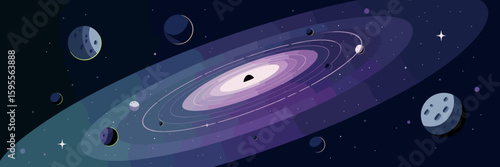 Spiral galaxy and celestial body icon set in deep space with moons and stars