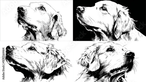 Four golden retriever portraits showcase detailed ink drawings of a beloved canine breed.