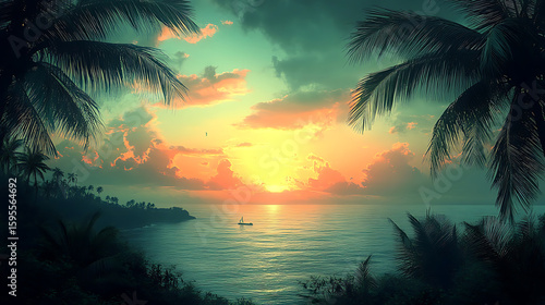 Serene Tropical Sunset Idyllic Ocean View Framed by Palm Trees
