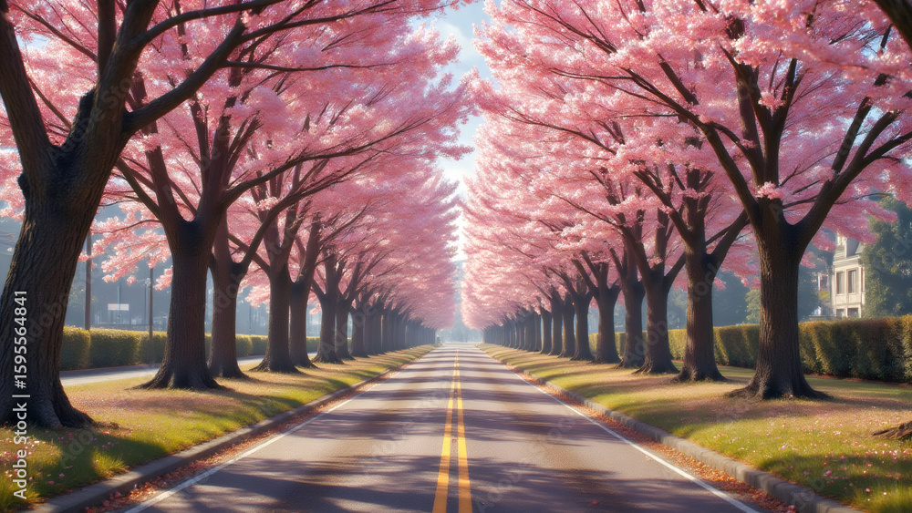 Naklejka premium Stunning Cherry Blossom Lined Road in Spring Landscape
