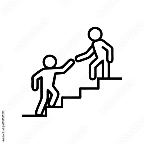 Two stick figures helping each other climb stairs illustration  