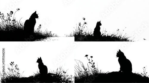 A silhouette of a cat sitting among grass and flowers creates a nature-inspired design.