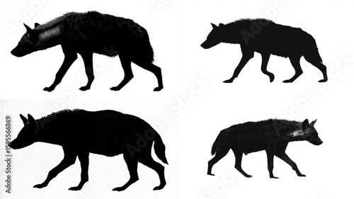 Four hyena silhouettes display a striking contrast, capturing the essence of wildlife and animal themes.