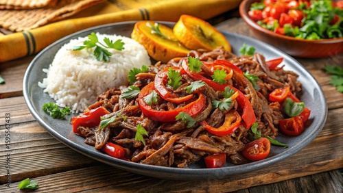 Panamanian Ropa Vieja
Shredded beef in tomato sauce, vibrant peppers, plated beside rice and fried plantains.