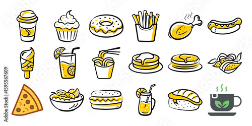 Collection of popular fast food and drink items hand drawn in a cartoonish style isolated on white background