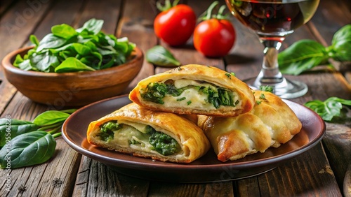 Monaco Barbagiuan
Golden fried pastry stuffed with Swiss chard, cheese inside, plated with greens and wine.