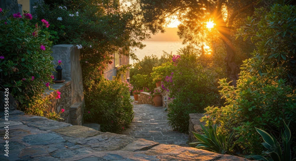 Obraz premium A sun-drenched pathway through a lush Mediterranean garden at sunset