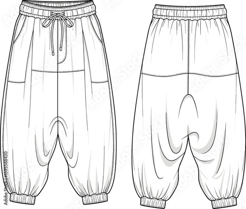 CAD drawing flat vector illustration of harem pants, front and back views, loose fit jogger design, fashion technical sketch template