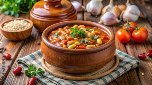 Macedonian Tavče Gravče
Baked beans in clay pot, golden crust top, rustic Balkan-style wooden table.

