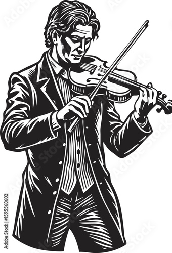 Black and white illustration of a man playing a violin music musician