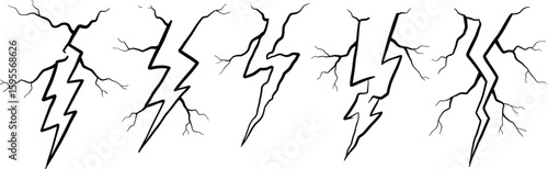 Lightning bolt vector set, electric flash symbol, hand-drawn thunder icons, black strike illustrations, isolated storm energy elements, editable SVG graphic line art design