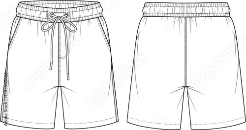 Men's shorts vector template, drawstring shorts CAD, fashion flat sketch, technical garment illustration, casual wear design, apparel template, clothing design element