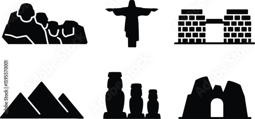 Collection of vintage objects and items rendered as a black silhouette isolated on white background