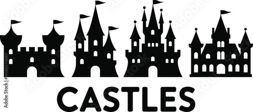 Collection of diverse castle silhouettes in black and white isolated on white background