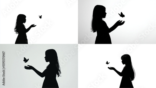 Silhouette of a girl with long hair holding her hands to a butterfly, creating a magical, moment.