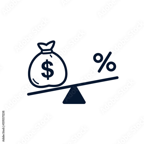 Money bag and percentage symbol on balance scale on light background
