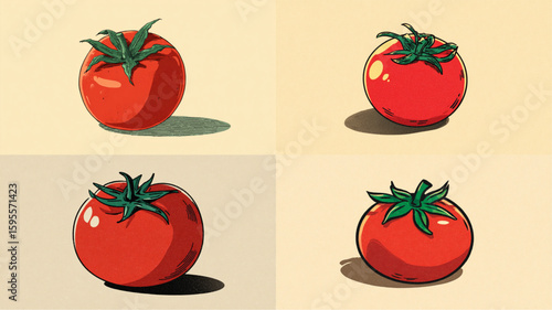Four vibrant red tomatoes with green stems are displayed in a retro cartoon illustration.
