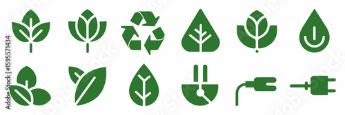 Minimalist go green icon sheet with leaves, water drop, and plug