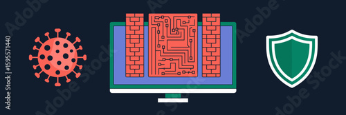 Computer screen showing virus, firewall, and antivirus icons – Ideal for desktop security interfaces, tech tutorials, or IT dashboards