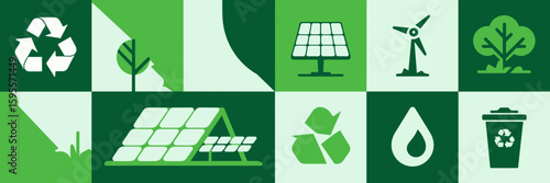 Eco-friendly vector icons in grid with recycling and energy symbols