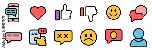 Messaging and social interaction icon set with emotive feedback symbols – Great for customer engagement tools, app illustrations, or communication branding