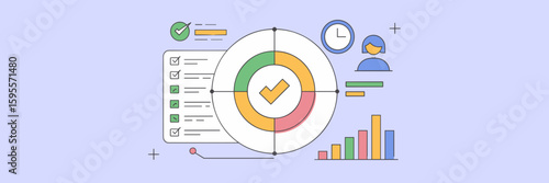 Task management system icon illustration with check circle, list, clock, person, and chart – Suitable for workflow design, team monitoring, or app prototypes