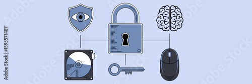 Cybersecurity icon set with padlock, brain, and key – Suitable for data privacy visuals, IT branding, or technology publications