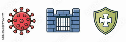 Virus, firewall, and antivirus icons on white background – Great for cybersecurity education, IT services, or tech visuals